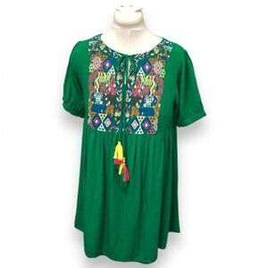 JODIFL Women’s Short Sleeve Split-Neck Embroidered Boho Tunic Top, sz M